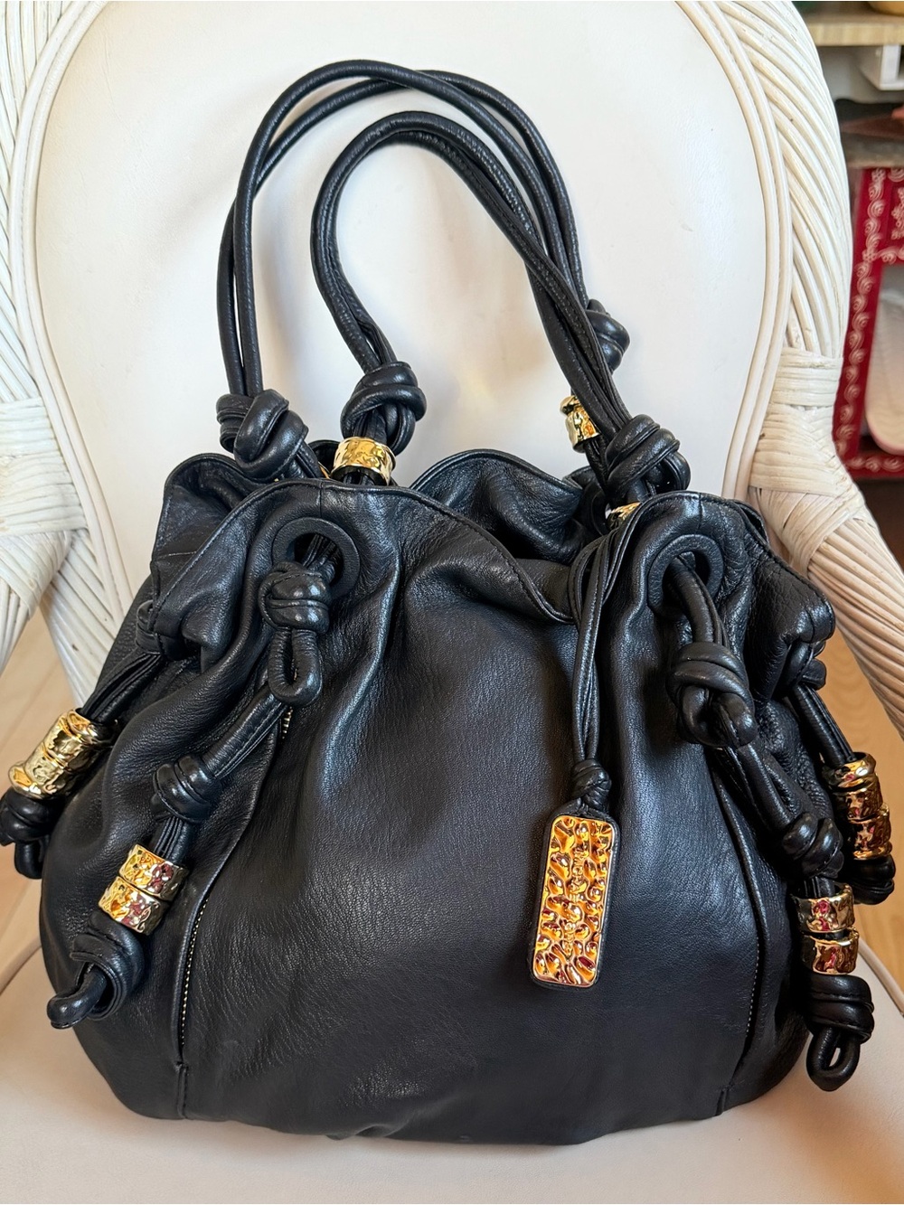 MICHAEL KORS Roslyn Black Knotted Deerskin Leather Tote. MINT! - Picture 6 of 9